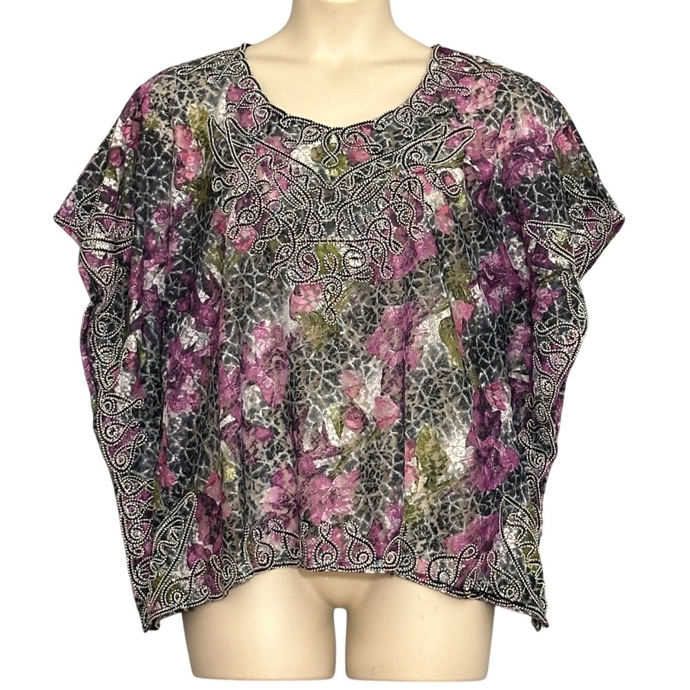 Investments Womens Top XL Purple Gray Sheer Floral‎ Embellished Fairy Feminine
